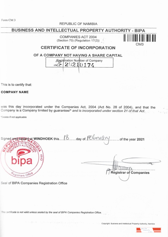 Namibia Certificate of Corporation